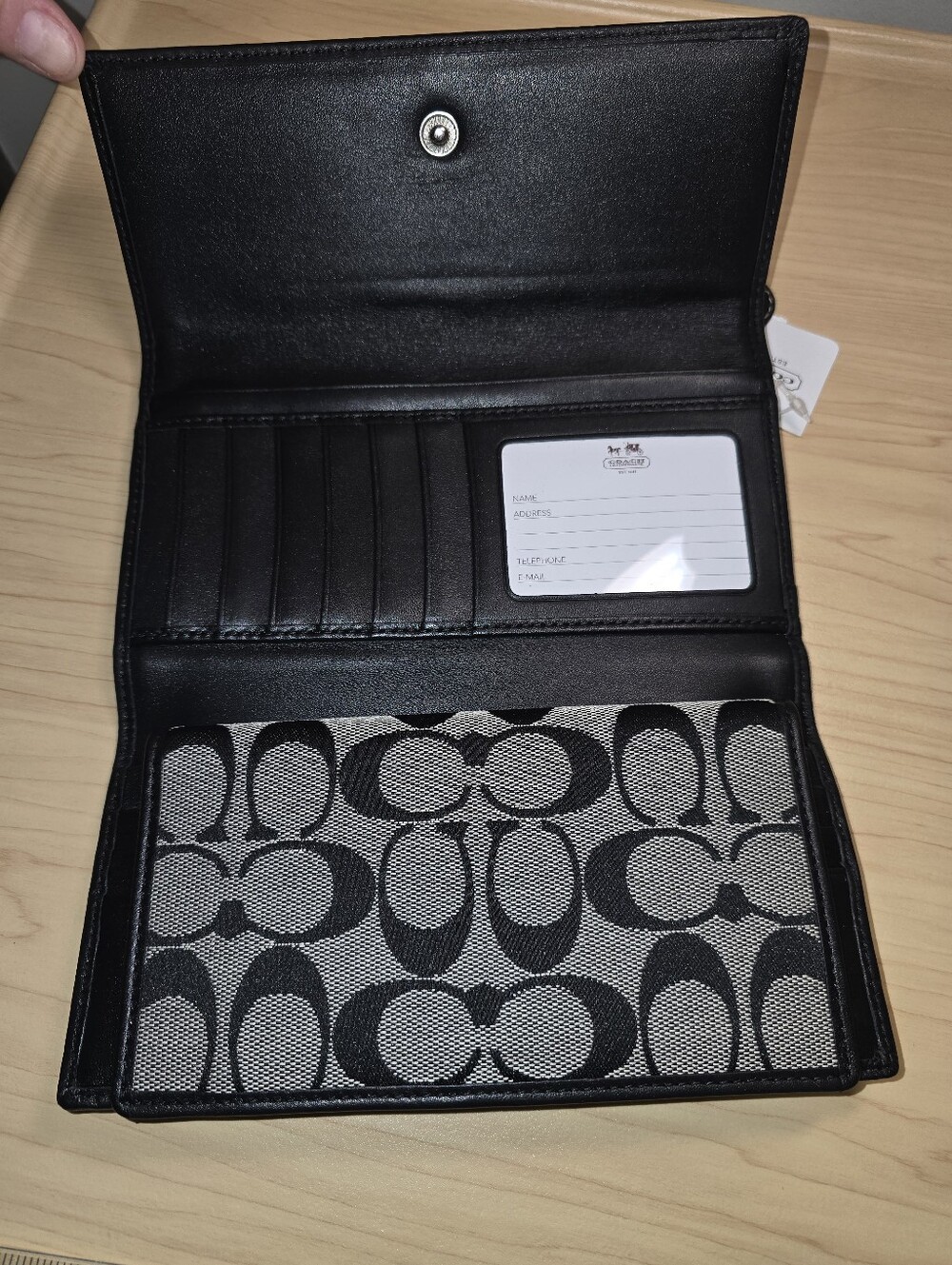 COACH F42986 Hampton Signature Jacquard Black Leather Trifold Wallet Checkbook - Picture 10 of 15